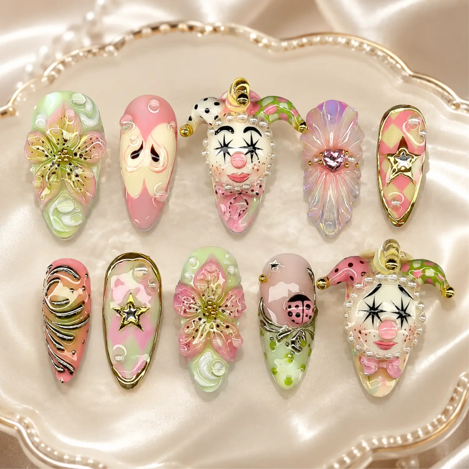 Pastel Carnival Jester Press On Nails, 3D Clown Charms, Pink Lily Flower Design, Gold Star Accents, Handmade Fantasy Fairycore Statement Nail Set