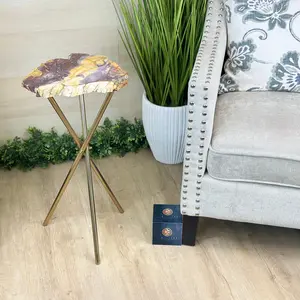 Natural Mookaite Jasper Side Table on Gold Metal Base, 25" Tall #1340MJ-001
