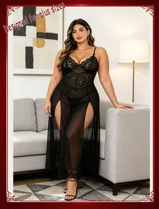 Women Lingerie Deep V Neck Lace Nightwear One Piece Sexy Nightgowns Mosaic Lace Mesh Dress