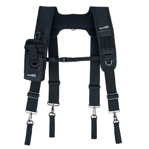 MELOTOUGH Heavy-Duty Tool Belt Suspenders for Big and Tall Carpenters - Adjustable Padded Comfortable Straps, 4-Point Support, Hooks, Pencil Holder Compatibility, Tape Measure Clip, High Visibility Tape, Large Detachable Phone Holder, Durable