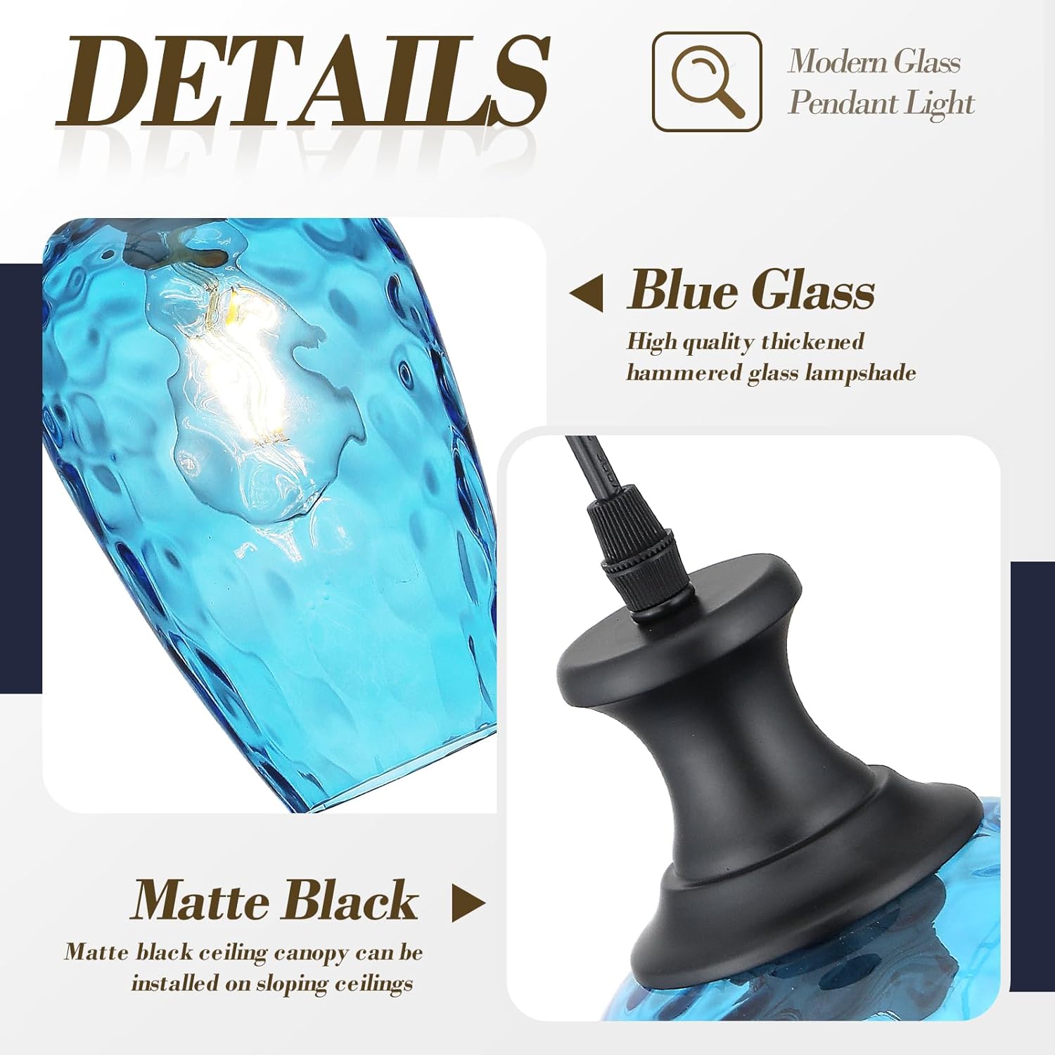 Glass Pendant Lights Kitchen Island, 1-Light Blue Pendant Light Fixtures with Hammered Glass Modern Farmhouse Hanging Light for Kitchen Sink Dining Room Bedroom