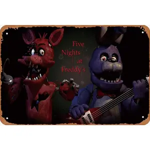 Metal Tin Sign Video Game, Five Nights At Freddy's, Foxy (Five Nights At Freddy's), Bonnie (Five Nights At Freddy's) Vintage Retro Style Bar Pub Man Cave Wall Plaque Decoration 8x12 inch