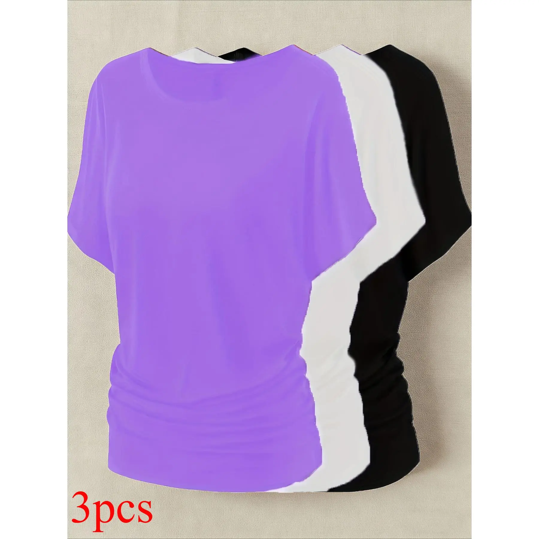 3pcs Large Women's Casual Bat Sleeve T-shirt - Solid Color Design, Side Pleat Details, Loose Fit, Soft Elastic Fabric. Simple and Smooth Solid Color Style, a Fashionable Loose Top for Daily Wear.
