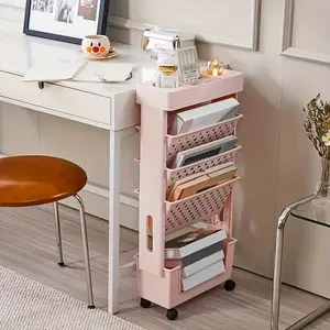 Versatile 5-Tier Rolling Side Storage Shelf, Movable Floor Desk Cart, Compact Organizer for Books, Stationery, Files & Home Office Supplies