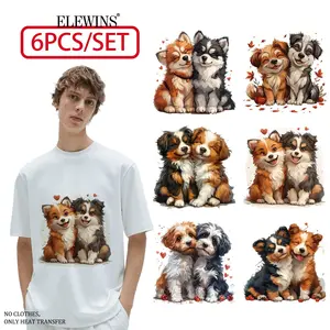 6-Pack Adorable Q-version Dog DTF Heat Transfer Stickers, Featuring Pomeranian, Shih Tzu, Pekingese/Puppy Patterns, Machine Washable PVC Fabric Stickers, Suitable for DIY Crafts, Apparel, and More