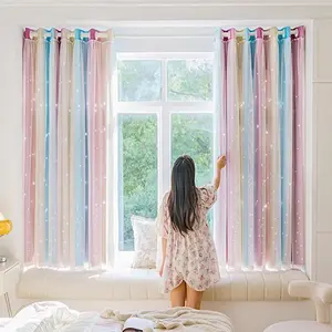 Star Pattern Curtain, 2 Counts/set Double Layer Window Curtain, Blackout Bay Window Curtain, Home Decor for Living Room Bedroom