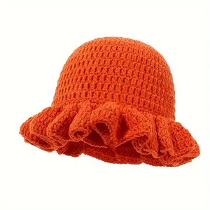 A Handmade Crocheted Knitted Hat With Ruffled Edge, Solid Color Bucket Hat, Fashionable Elastic Fisherman Hat шапка  на зиму