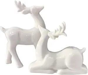 Porcelain Christmas Reindeer Figurines, Pack 2 Mini Animal Reindeer Decor Deer Statues Sculpture Tabletop Ornaments for Cabinet Mantel Shelves Fireplace Home Décor Accents Collectible Figurines