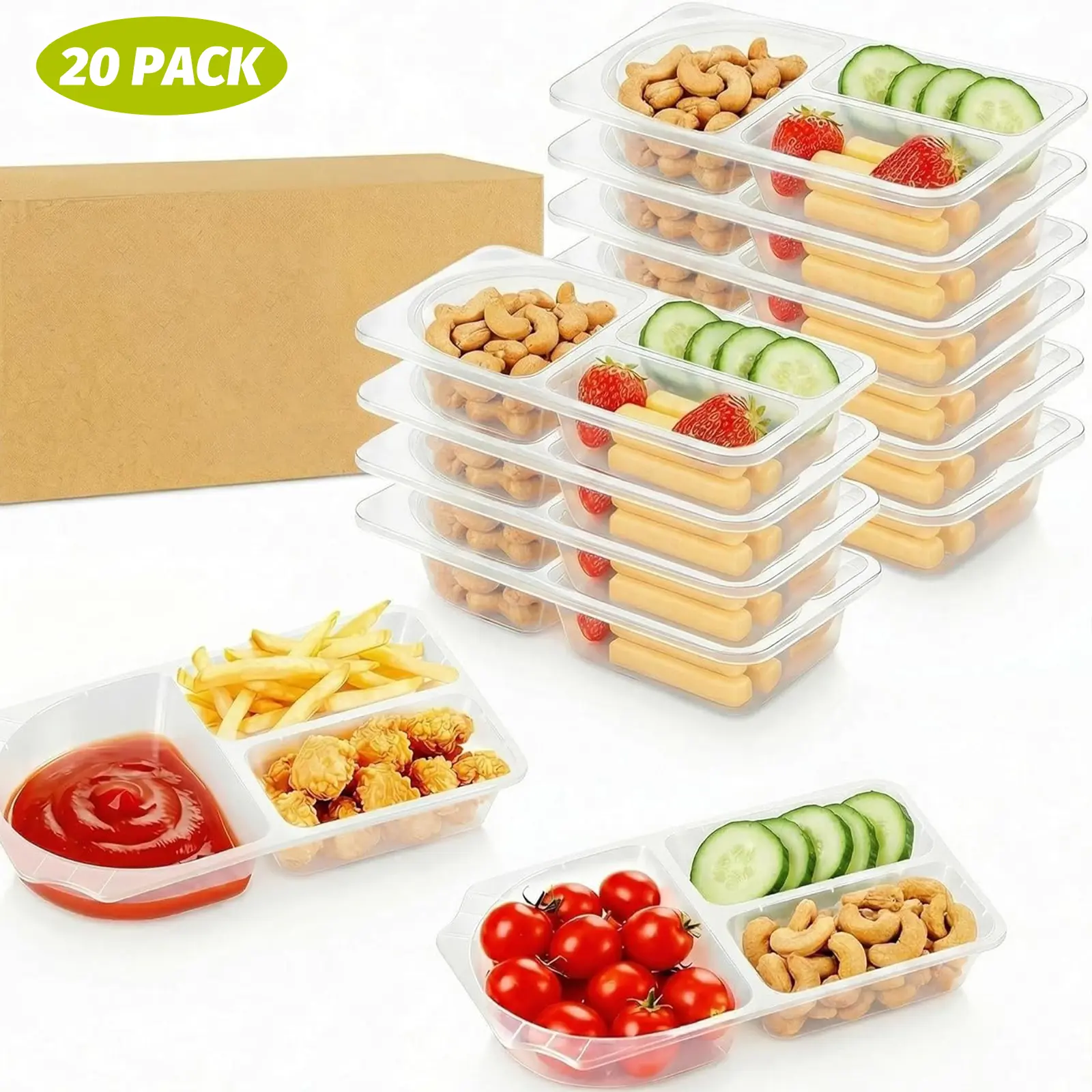 20-Pack Reusable Snackle Boxes - Double/3-Compartment Mini Round Plastic Food Containers (260ml Food-Grade), Portable Lunch Solutions with Utensils, Sealed Lids, Stackable for Camping