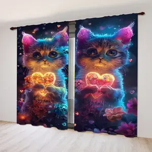 2-Piece Colorful Cat Print Curtains, Fashionable Rod Pocket Window Drapes for Kids' Room Bedroom Living Room, Easy Installation