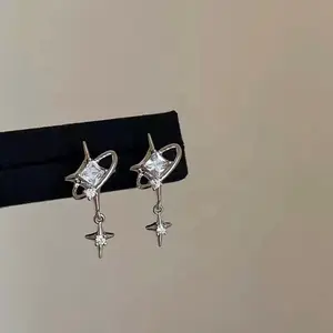Sparkling Star Planet Celestial Pendant Drop Hoops Earrings for Women Simple Crystal Four Pointed Star Earrings Y2K Kpop Goth Wedding Party Silver Color Jewelry Trendy Accessories Gift Ideas