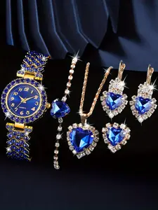 Women's Elegant Fashion Watch & Jewelry Set, Including Round Dial Watch & Heart Shaped Earrings & Pendant Necklace & Ring, Trendy Watch Set for Women as a Gift, Fashionable Jewelry Set