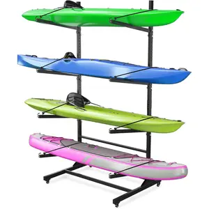 4 Kayak Rack with Lockable Wheels, Freestanding Kayak Storage Rack for Garage & Outdoor Storage, Heavy Duty Metal Stand for Canoe, SUP, Surfboard & Paddleboard