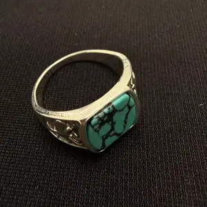 Vintage Turquoise Signet Ring Western Silver Tone Statement Ring