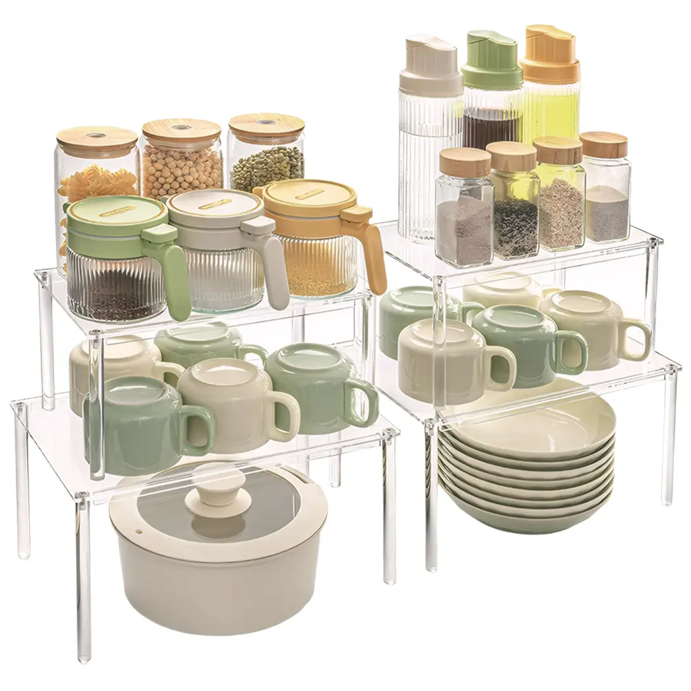 4 Pack Clear Acrylic Cabinet Organizer Spice Rack Organizer Kitchen Counter Shelves Organizer for Dishes Spices Soda Cans and Bottles