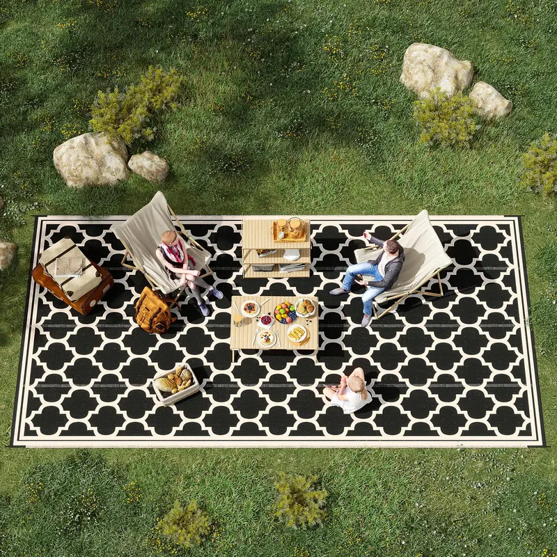Outsunny Checkered Modern Reversible Polypropylene Fibers Home Decor Rug, 9'x18' Waterproof Plastic Straw Mat, Portable 2-Tone Outdoor Mats for Backyard, Beach-Ready