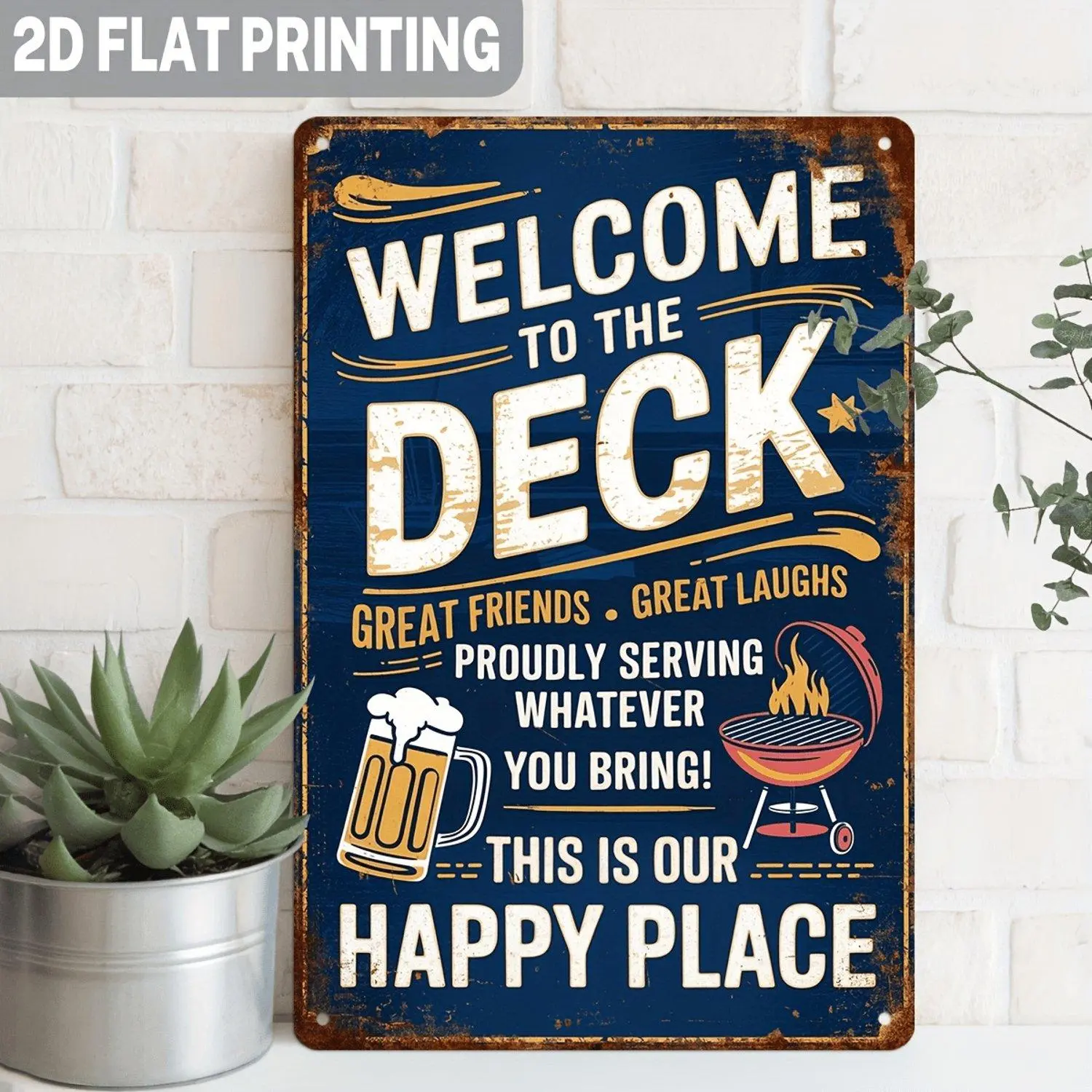 2D Flat 1pc Rustic Welcome to The Deck Prints Perfect for Friends And Good Times Barbecue Theme for Indoor Outdoor Kitchen Living Room Patio Housewarming Gifts 8X12 Inch