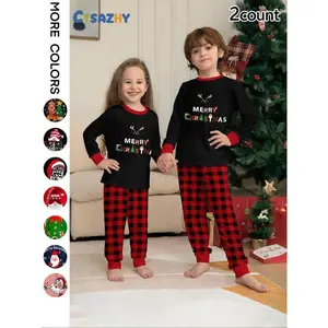 Christmas Pajamas Set, Cartoon Reindeer Print Top & Plaid Pants, Casual Fitted Home Wear, Pajamas Loungewear for Fall Winter, Ages 2-14 Years