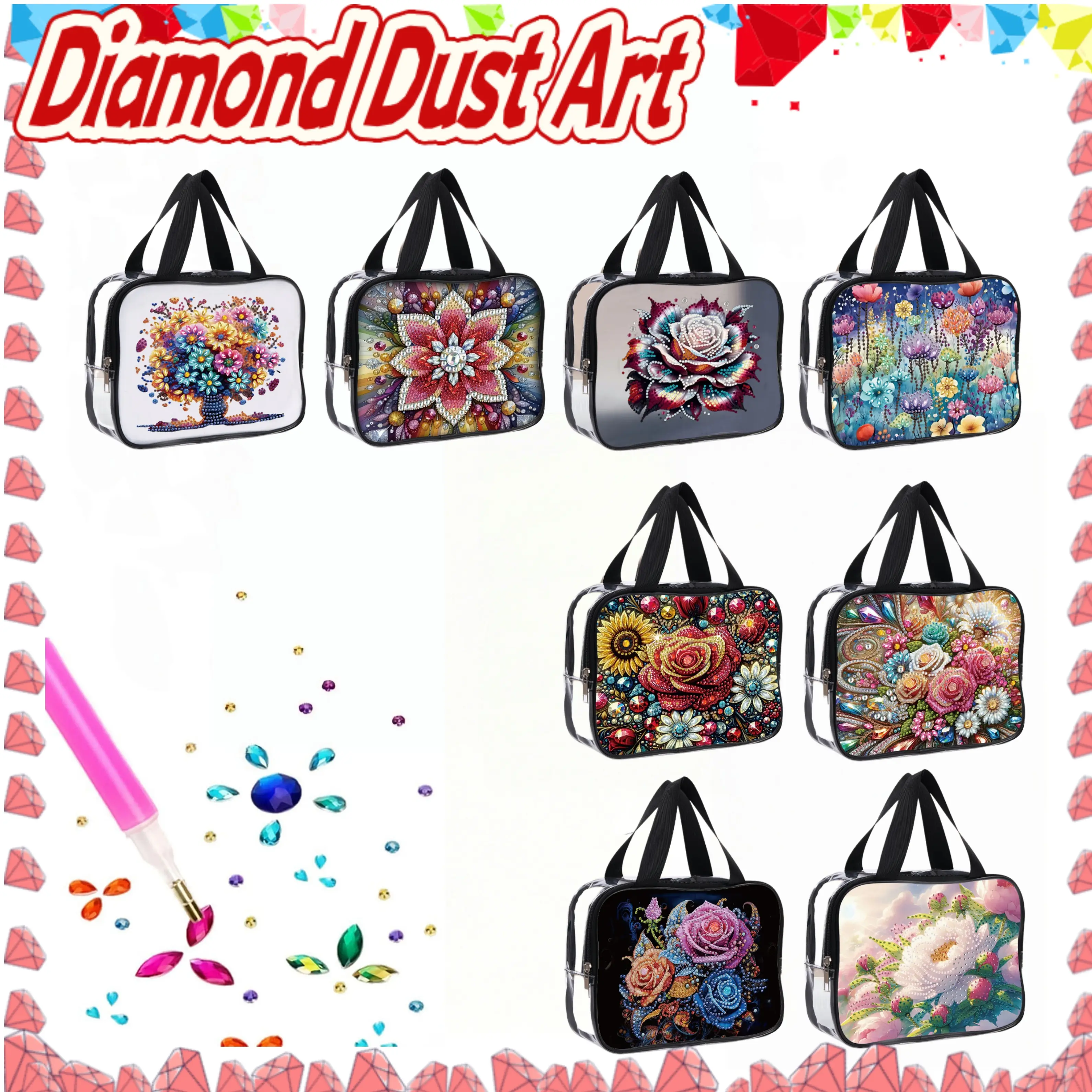 1 piece of diamond painting with irregular-shaped diamonds, new design, makeup bag, DIY rose flower pattern.