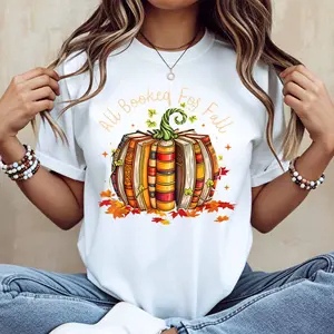 All Booked For Fall Pumpkin Books Print T Shirt Women Casual Short Sleeve Top Autumn Theme Graphic Tee