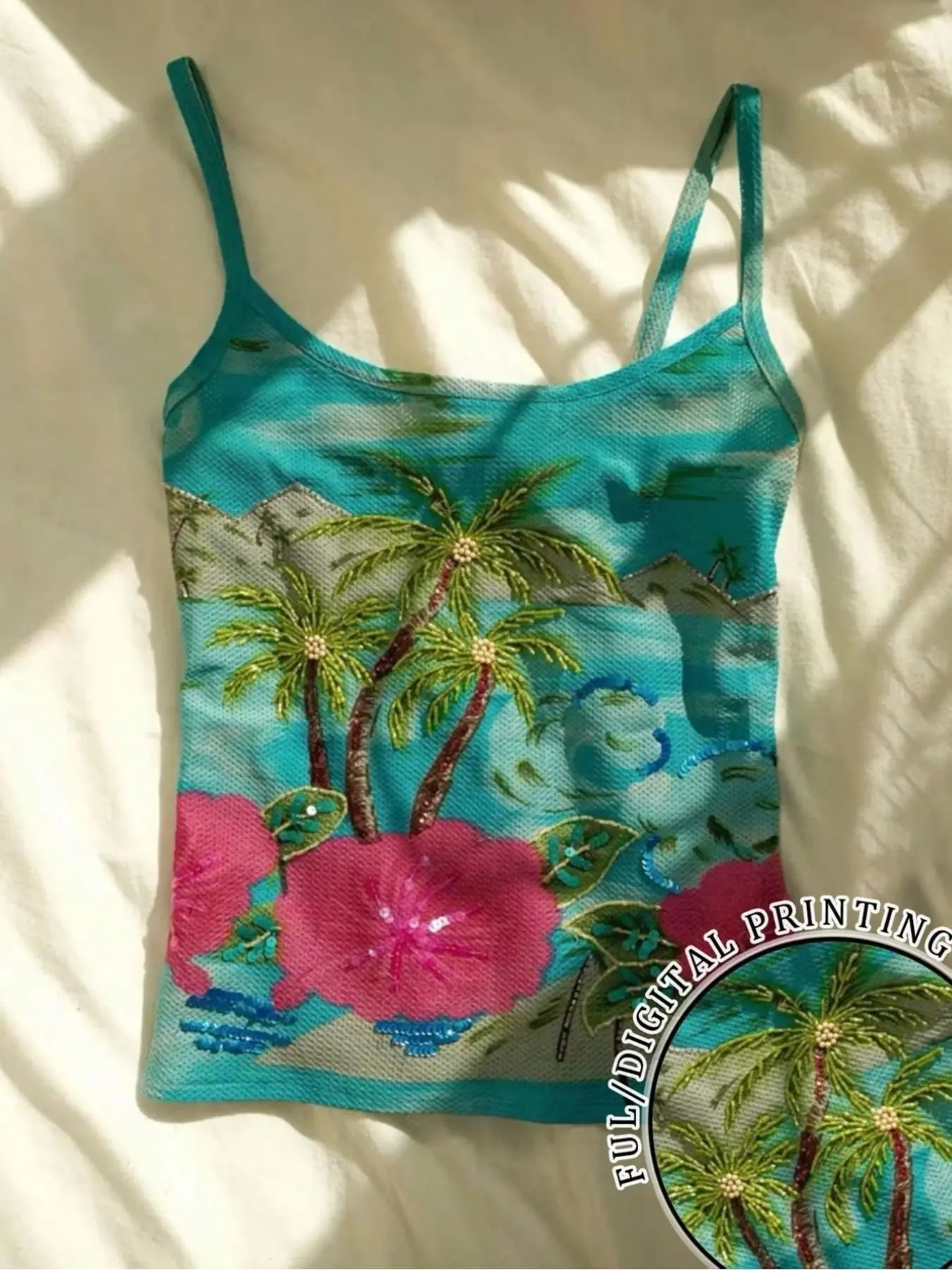 Women's Hawaiian Vacation Camisole, Tropical Palm Embroidery Mesh Top, Lightweight Breathable Summer Sleeveless Fitted Silhouette Backless Design Vest, Beach Festival Travel Festive Touch, Spaghetti Strap, Backless Tank Tops