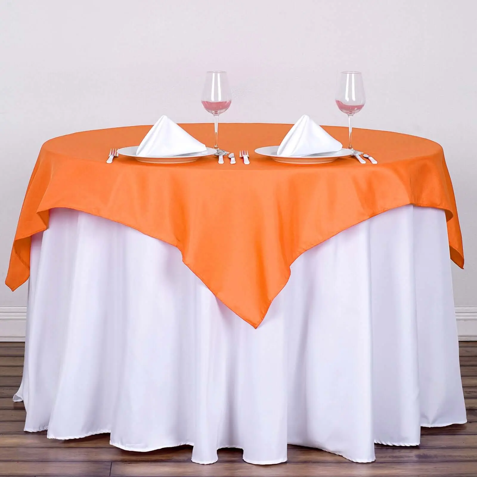 54"x54" Orange Polyester Square Table Overlay, Wrinkle-Resistant Table Topper for Decor, Wedding Party Supplies