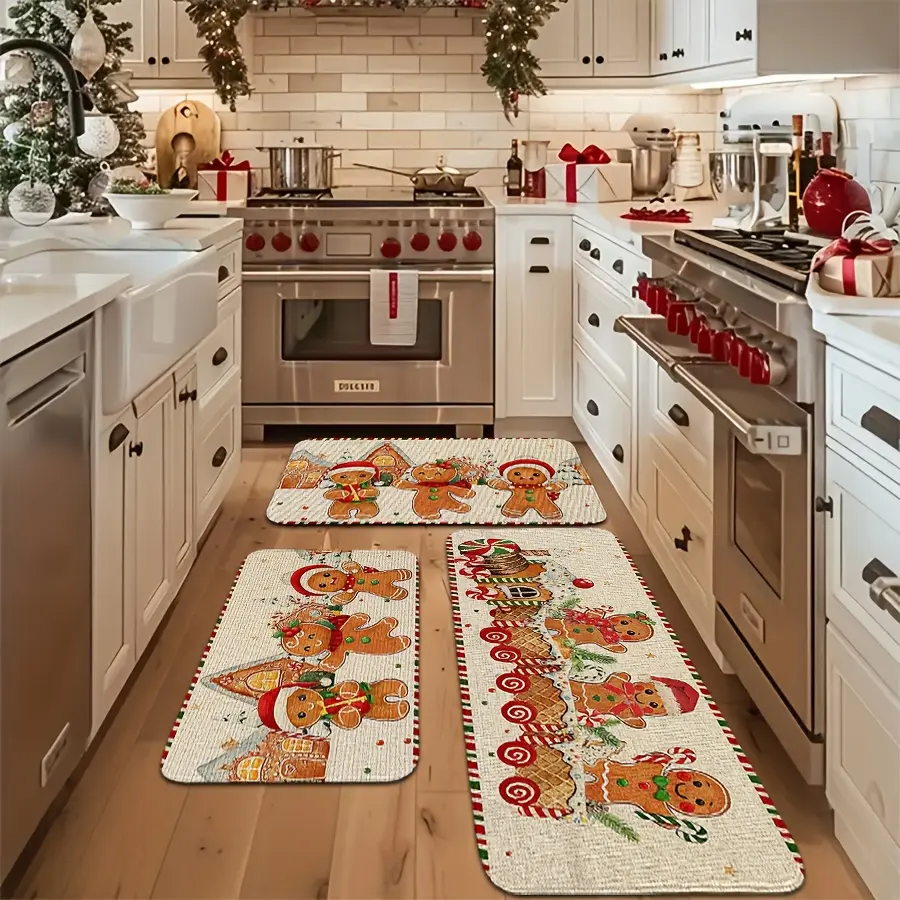 2/3pcs Gingerbread Man And Candy House Kitchen Rug Set, Festive Non-Slip Holiday Floor Mats for Christmas Home Decor (15.75inch*23.62inch/19.69inch*31.5inch/17.72inch*47.24inch)