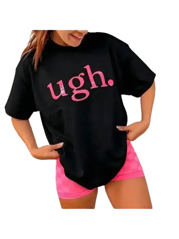 Women Summer Oversize Tshirt Funny Ugh Letter Print Crew Neck Casual Loose Fit Soft Cotton Tee Y2K Aesthetic Streetwear For Daily Outing Vacation Loungewear