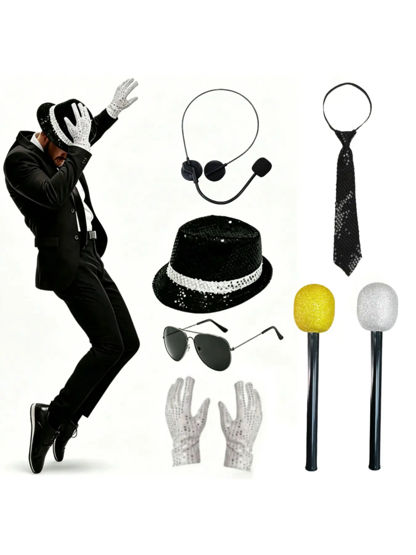 1pc Party Costume Set (7 Pieces), Disco Stage Performance, Glitter Hat, Glasses, Gloves, Earpiece, Microphone, Tie, Accessories, Party Costume Accessory, Party Supplies
