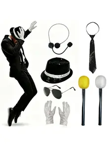 1pc Party Costume Set (7 Pieces), Disco Stage Performance, Glitter Hat, Glasses, Gloves, Earpiece, Microphone, Tie, Accessories