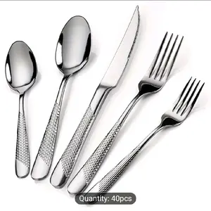 40pcs Modern Hammered Silverware Set for 8, Featuring Ultra-Sharp 2-In-1 Serrated Knife, Made of Stainless Steel, Mirror Polished, And Safe for Dishwasher Use