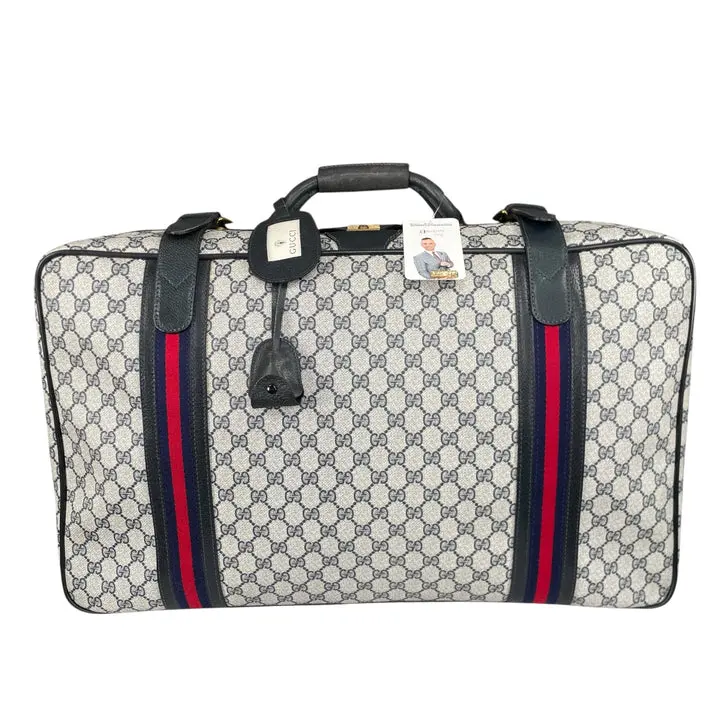 Pre-owned GUCCI Coated Canvas Luggage GG Supreme Navy Canvas Leather Medium Travel Case