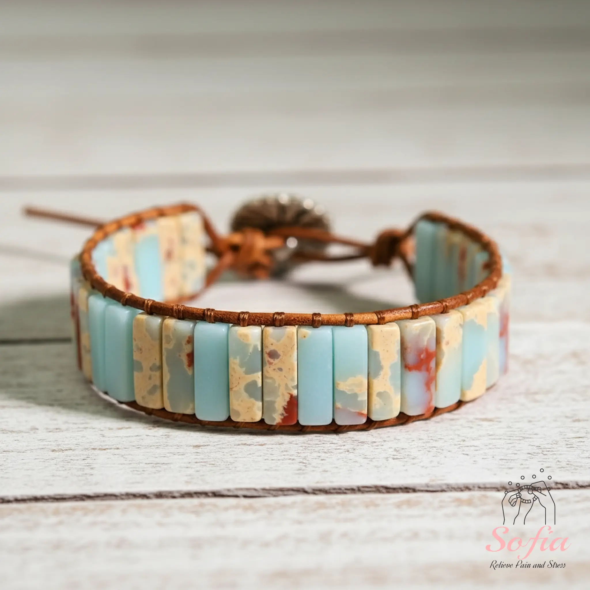 Sofia Natural African Opal Stone Tube Beaded Bracelet Blue Crystal Braided Boho Style Adjustable for Daily Use Gift for Him & Her - Opalite