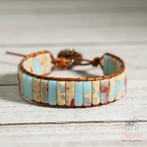 Sofia Natural African Opal Stone Tube Beaded Bracelet Blue Crystal Braided Boho Style Adjustable for Daily Use Gift for Him & Her - Opalite