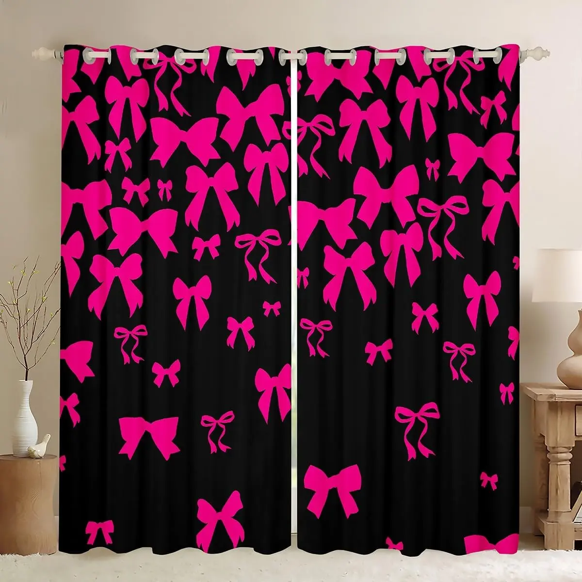 Hot Pink Bowknot Curtain for Bow Window Drapes (2 Panels) Princess Style 30%-50% Blackout Shades Aesthetic Coquette Decor