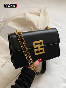 Women's Chain Strap Pu Leather Crossbody Bag, Simple All-match Solid Color Bag with Buckle Design, Trendy Shoulder Bag for Daily Used, Fashionable Crossbody Bag, Leather Crossbody Purses, Casual Shoulder Bag