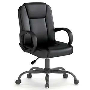 Anygod Executive Leather Office Chair, Mid-Back Ergonomic Desk Chair with Armrests, 360° Swivel Adjustable Height Computer Chair for Home Office, Black
