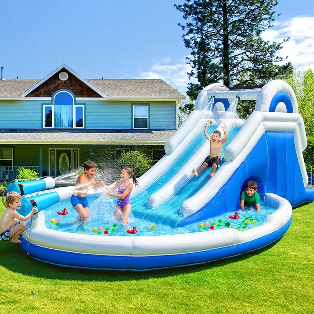 Inflatable Double Water Slide Inflatable Water Slide with Dual Slides & Large Splash Pool, 6-in-1 Backyard Water Park with Water Cannons, Arched Sprinkler, Includes Blower