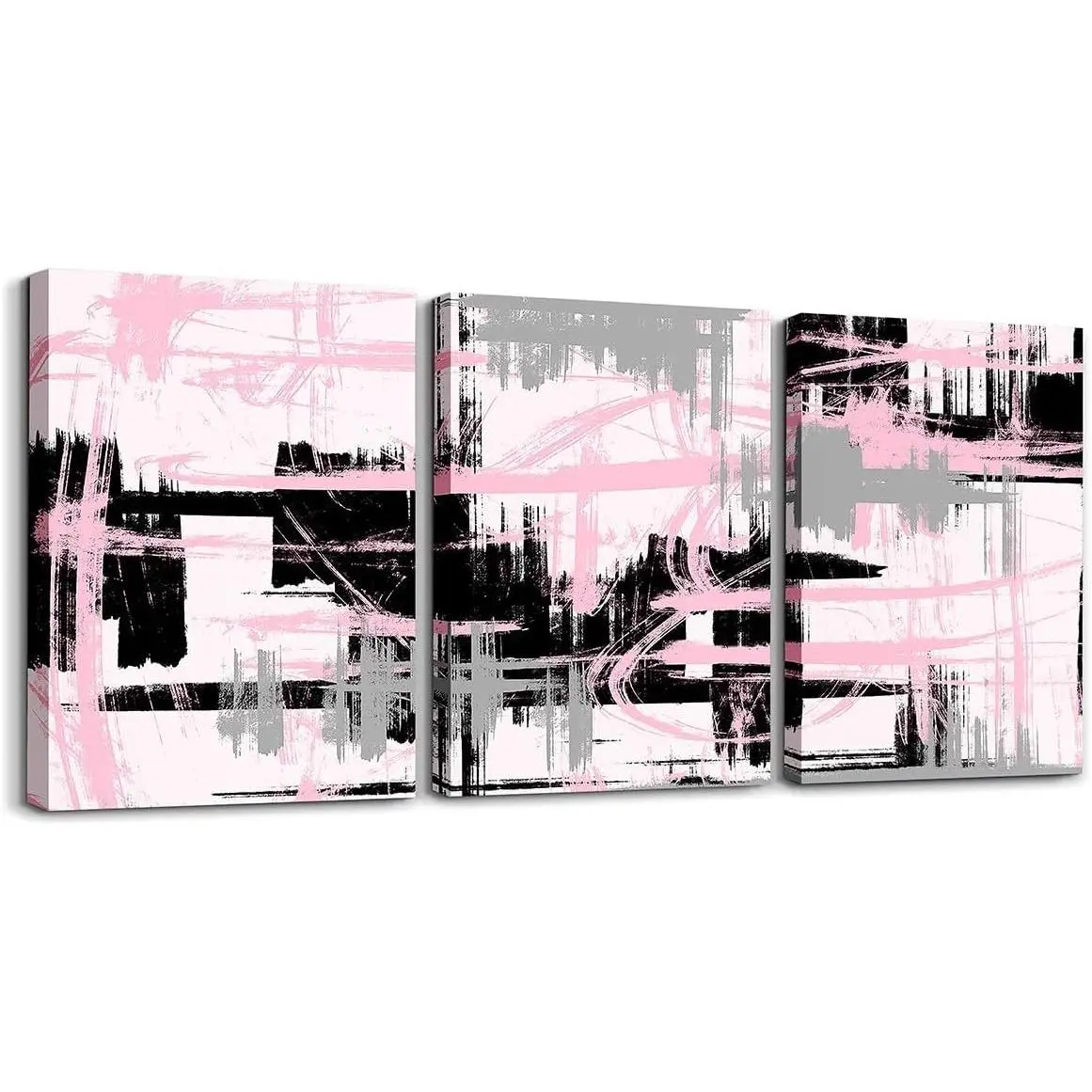 Feelyou 3-Piece Wood Frame Canvas Wall Hanger Painting - Modern Geometric Blush Pink-Black-Grey Stripes Decorative Art Print, Feminine Home Decor for Living Room, Bedroom, Bathroom, Eco-Friendly Gift
