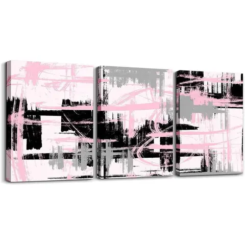 Feelyou 3-Piece Geometric Hanging Canvas Wall Art with Wood Frame - Blush Pink-Black-Grey Stripes, Artistic Aesthetic Home Decor Items for Living Room, Bedroom, Eco-Friendly Feminine Gift