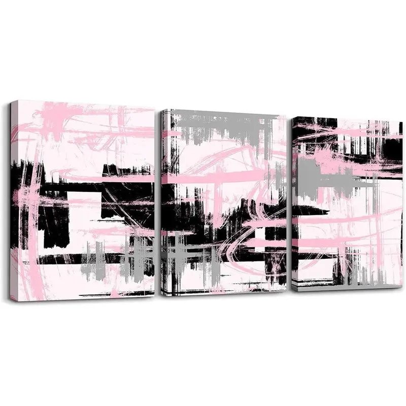 Feelyou 3-Piece Geometric Hanging Canvas Wall Art with Wood Frame - Blush Pink-Black-Grey Stripes, Artistic Aesthetic Home Decor Items for Living Room, Bedroom, Eco-Friendly Feminine Gift