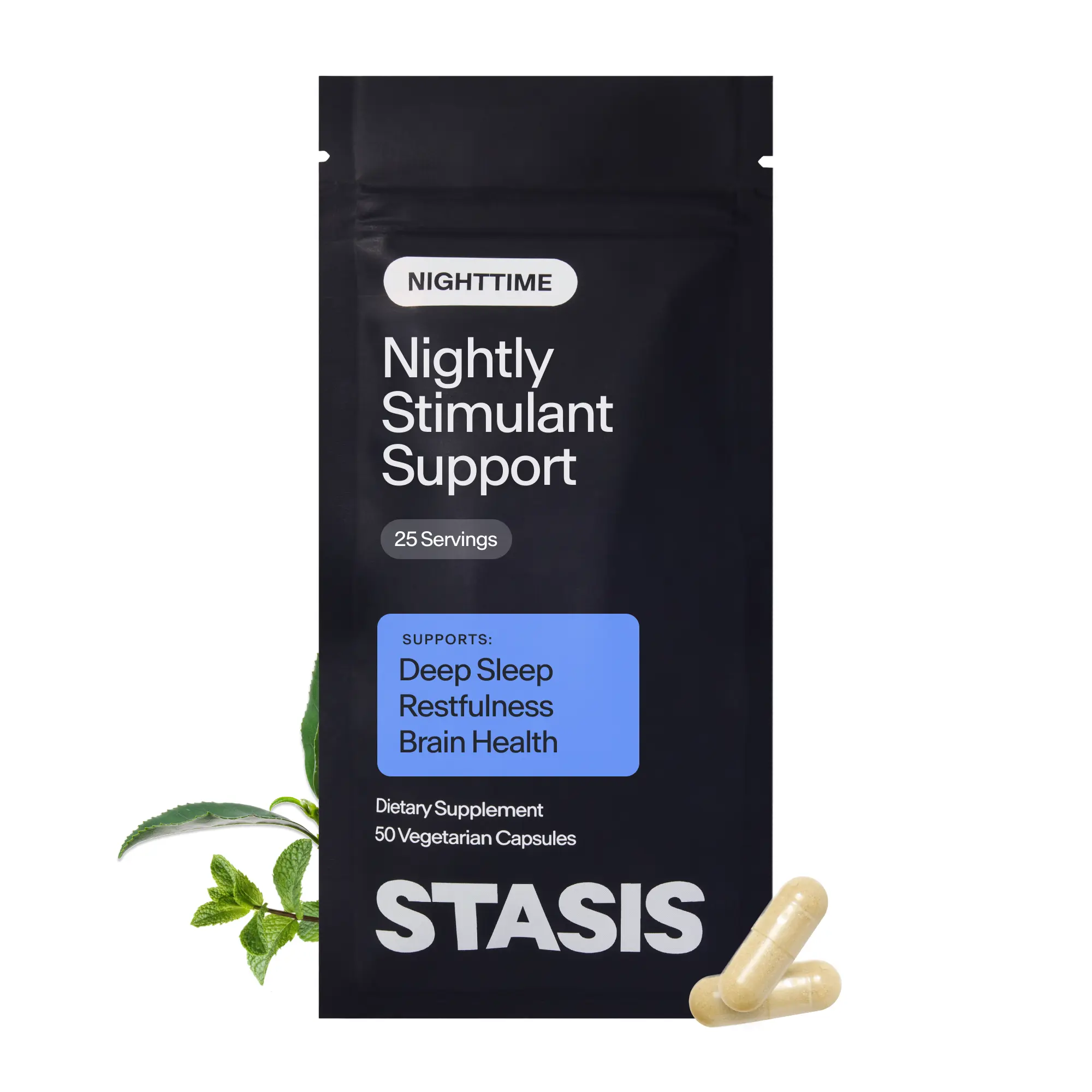 STASIS Nighttime for Stimulant Users - Sleep Support, Wind-Down Calm & Next-Day Recovery - Magnesium, L-Theanine, Apigenin & 2mg Melatonin - Third-Party Tested Sleep Supplement - 25 Servings