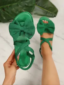 Women's Comfortable Flat Sandals, Casual Split Low Heel Beach Shoes Summer, Fashion Breathable Design with Bow Knot Detail