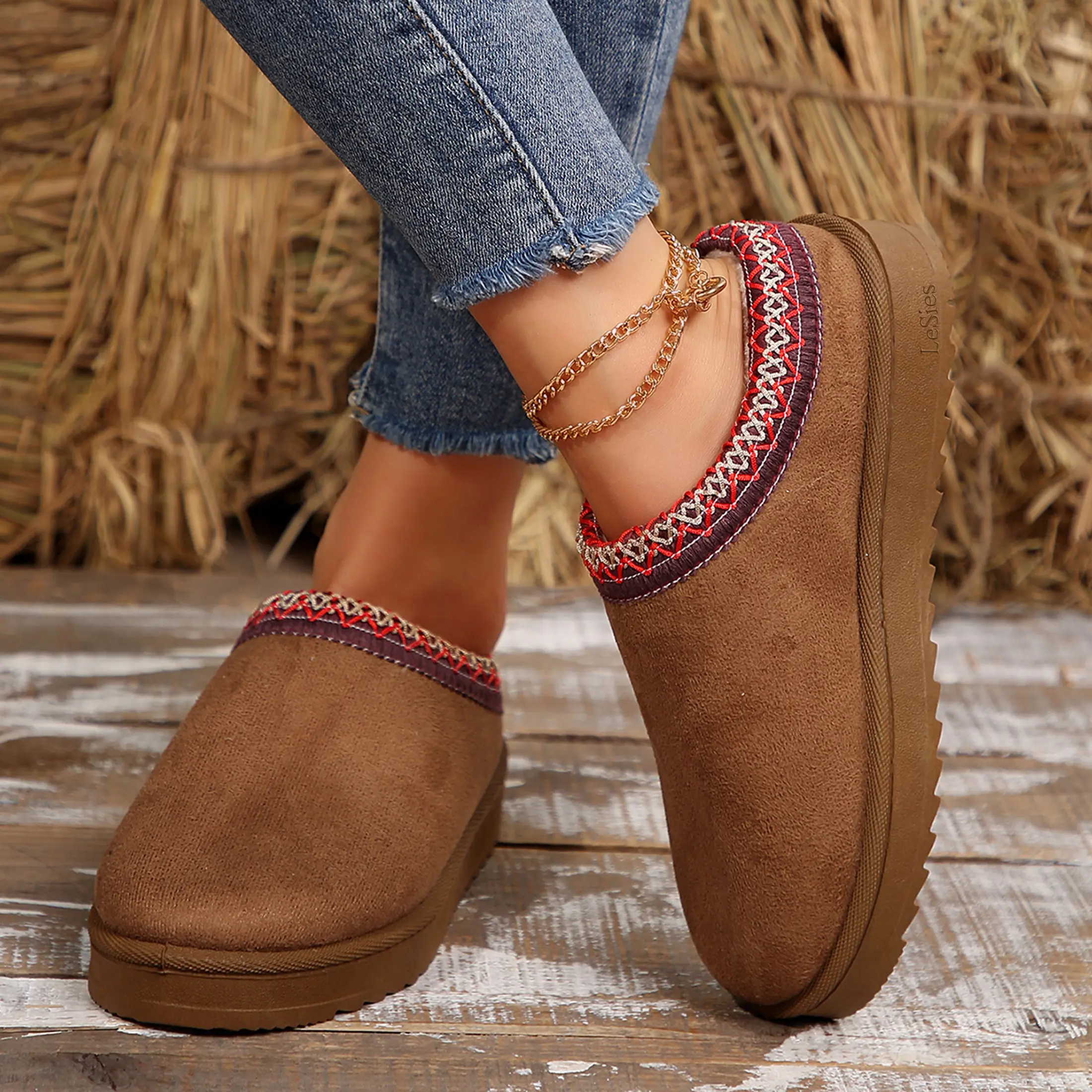 Women's Slippers Platform Short Ankle Boot Fleece Lined Warm House Slippers Anti-Slip Snow Boot For Outdoor