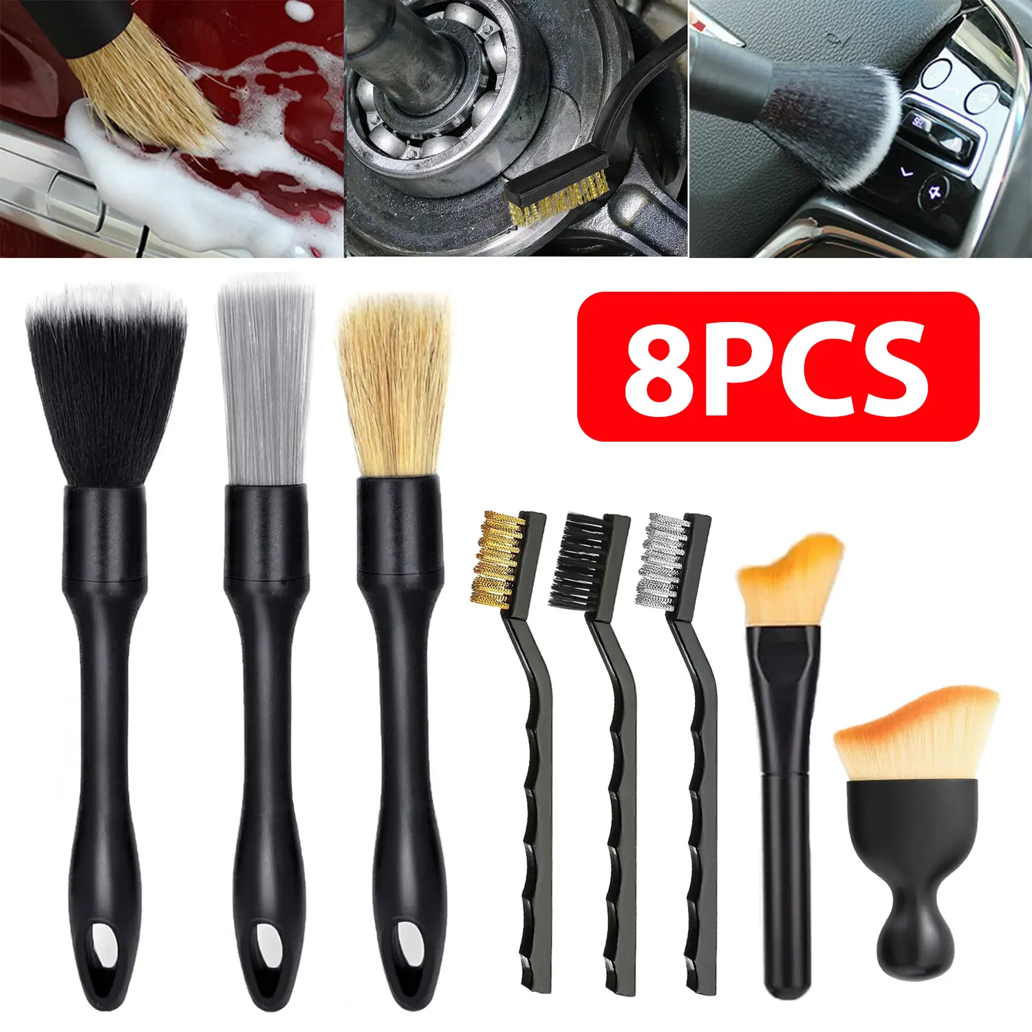 8pcs Detailing Brush Set, Multi-Purpose Car Detailing Brushes for Cleaning Car Interior, Exterior, Engine, Leather, Including 3 car Cleaning Brush, 3 Wire Brush, 2 soft Brush