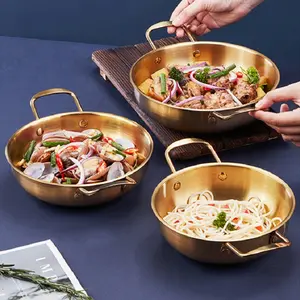 1 Set Stainless Steel Korean-Style Golden Pot, Induction Cooktop Compatible, Universal Use, Durable Outdoor Camping and Home Cooking Wok Set Kitchenware Food