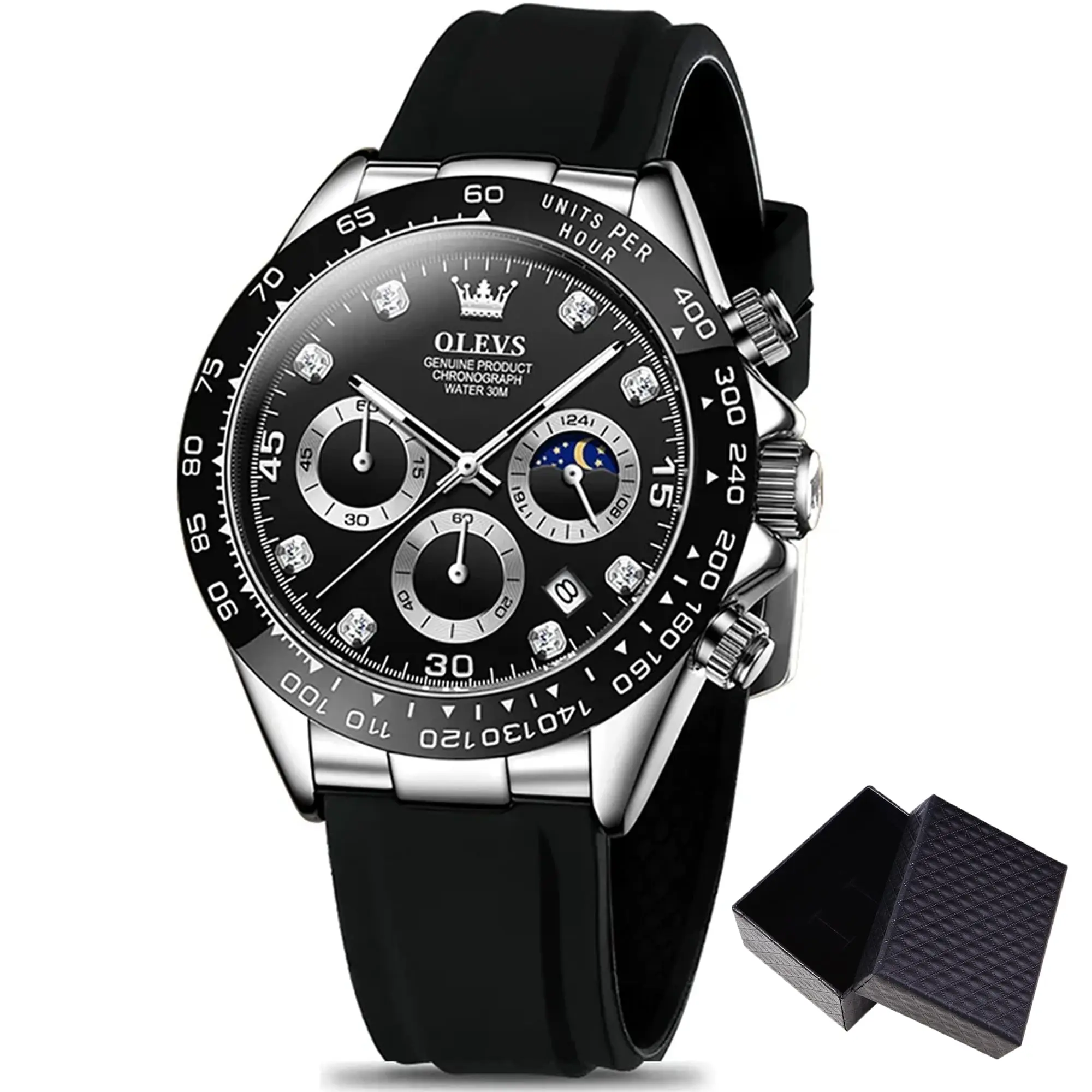 OLEVS Diamond Wrist Watch for Man Chronograph Luxury Sport Silicone Moon Phase Quartz Male Watches