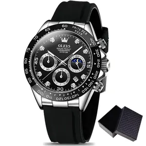 OLEVS Diamond Wrist Watch for Man Chronograph Luxury Sport Silicone Moon Phase Quartz Male Watches