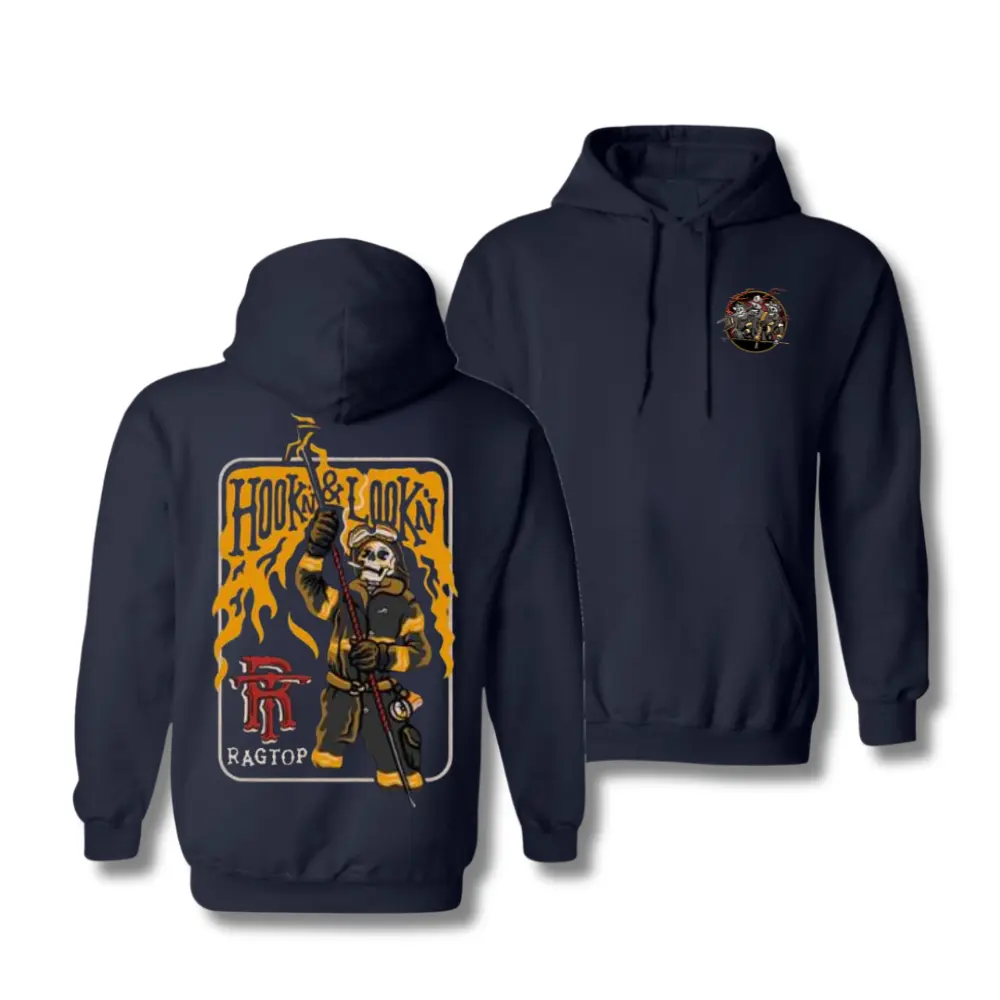 Hook & Lookin Firefighter Hoodie, Sweatshirt, Skeleton Firefighter Graphic Pullover, Vintage Rescue Flame Design, Soft Cotton Blend Sweatshirt, Gift for Firefighters, First Responders, Dad, Husband