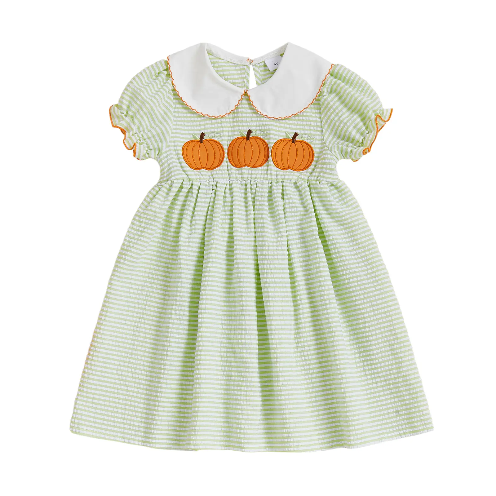 Little Girls' Halloween A-line Dress - Short Sleeve, Doll Collar, Pumpkin Embroidery, Short Length, Slight Color Difference Acceptable